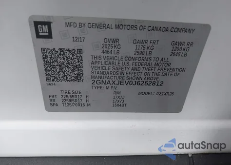 2018 Chevrolet Equinox Lt z USA, uszkodzony, nr VIN 2GNAXJEV0J6252812